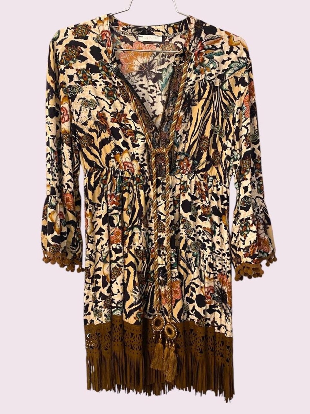 Vintage Tan and Black Mixed Floral-Animal Mini Dress euro made in Italy